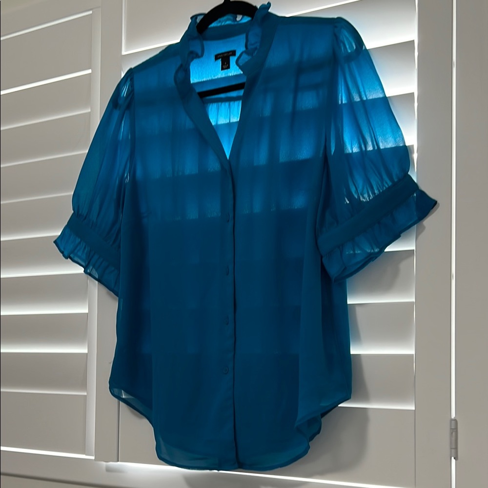 Ann Taylor Blue Sheer Blouse with Cuffed Sleeves and Mandarin Collar